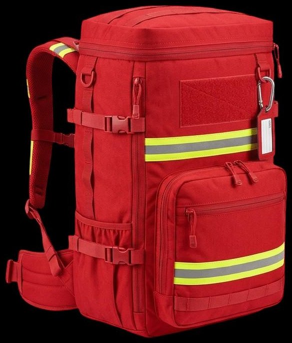 Red urban search and rescue backpack with padded shoulder straps, lumbar belt, yellow and grey reflective bands, velcro identification panel and a removable label on a carabiner.