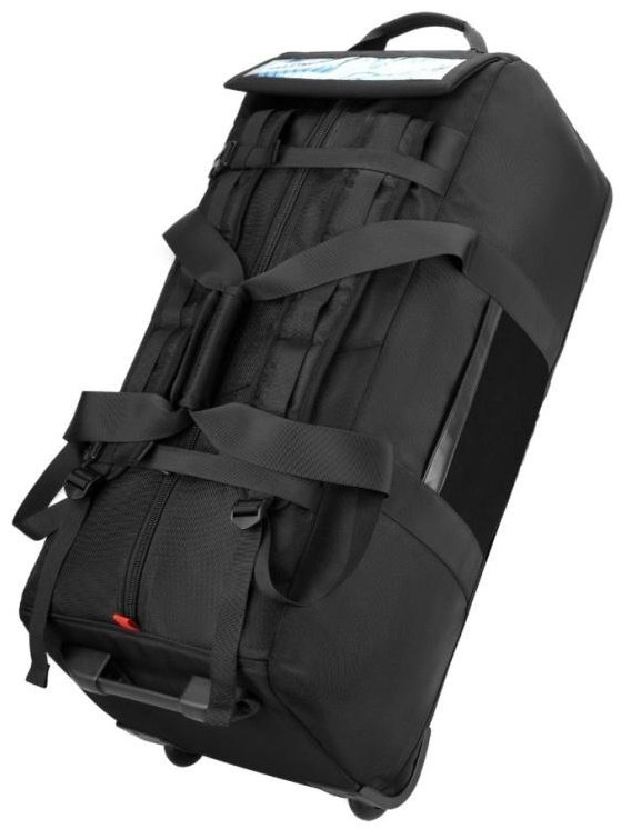 Black 90-litre rolling duffel bag with two wheels, retractable trolley handle, side and central carry handles and backpack straps.