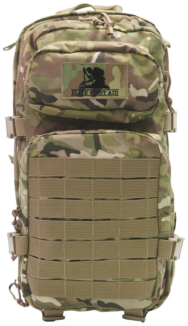 Camouflage-pattern trauma first aid backpack with padded shoulder straps, front webbing panel and multiple zipped compartments.