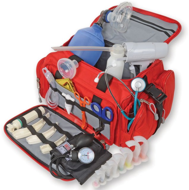Red six-compartment emergency bag with carry handles, shoulder strap and zipped front pocket, shown open with medical stores in place.