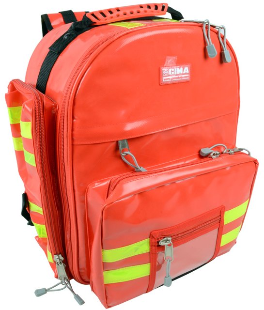 Red polymer-coated twelve-compartment emergency rucksack with back harness, shown open with medical stores in place.