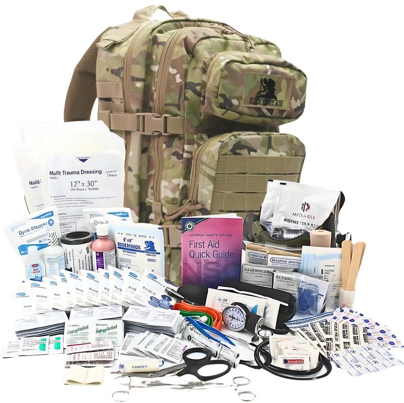 Camouflage-pattern trauma backpack with webbing panels and compression straps, shown with its full inventory of dressings, airway and diagnostic stores laid out in front.