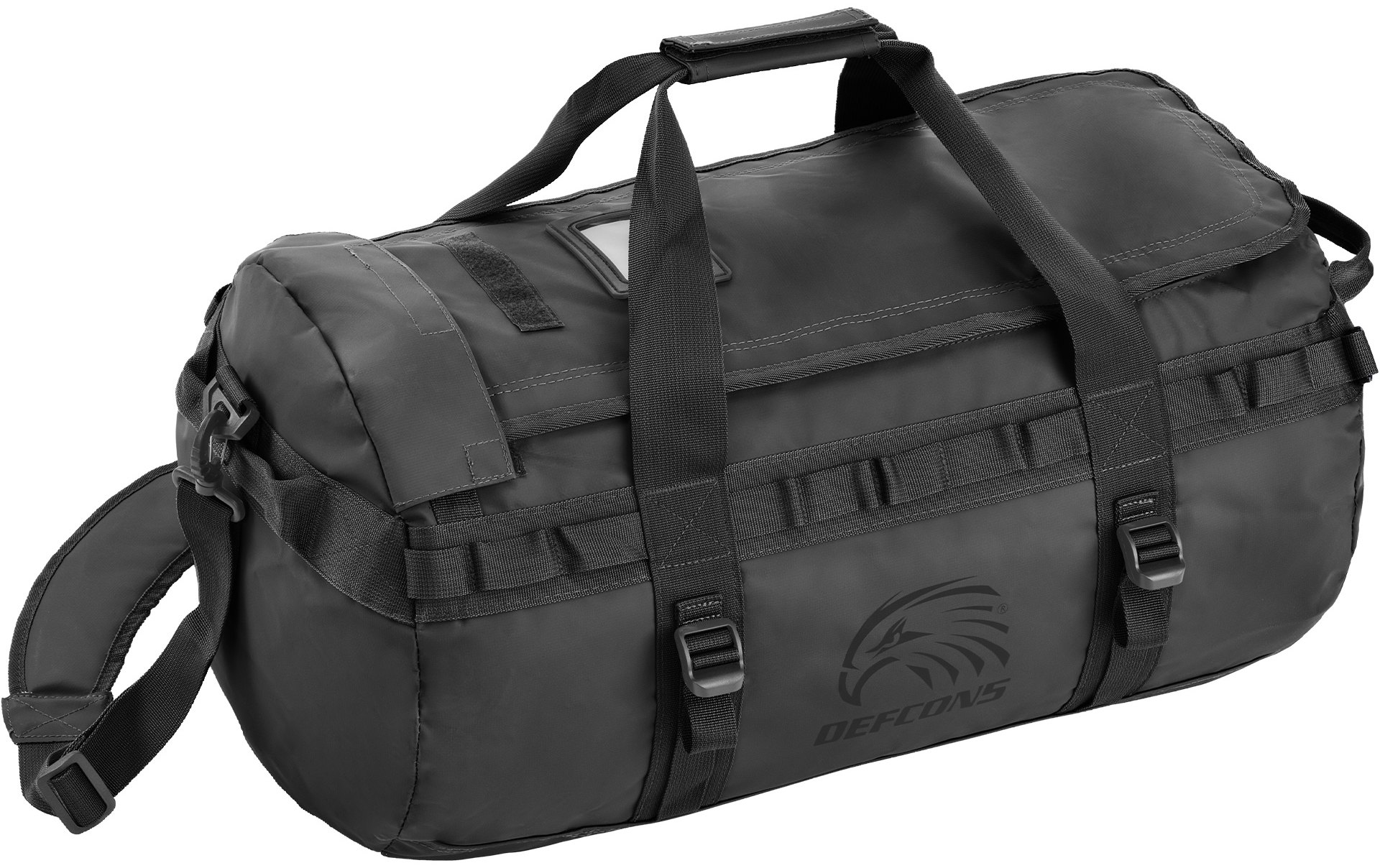 Black polymer-coated tactical duffel bag with D-shaped opening, four external compression straps and removable padded shoulder straps.