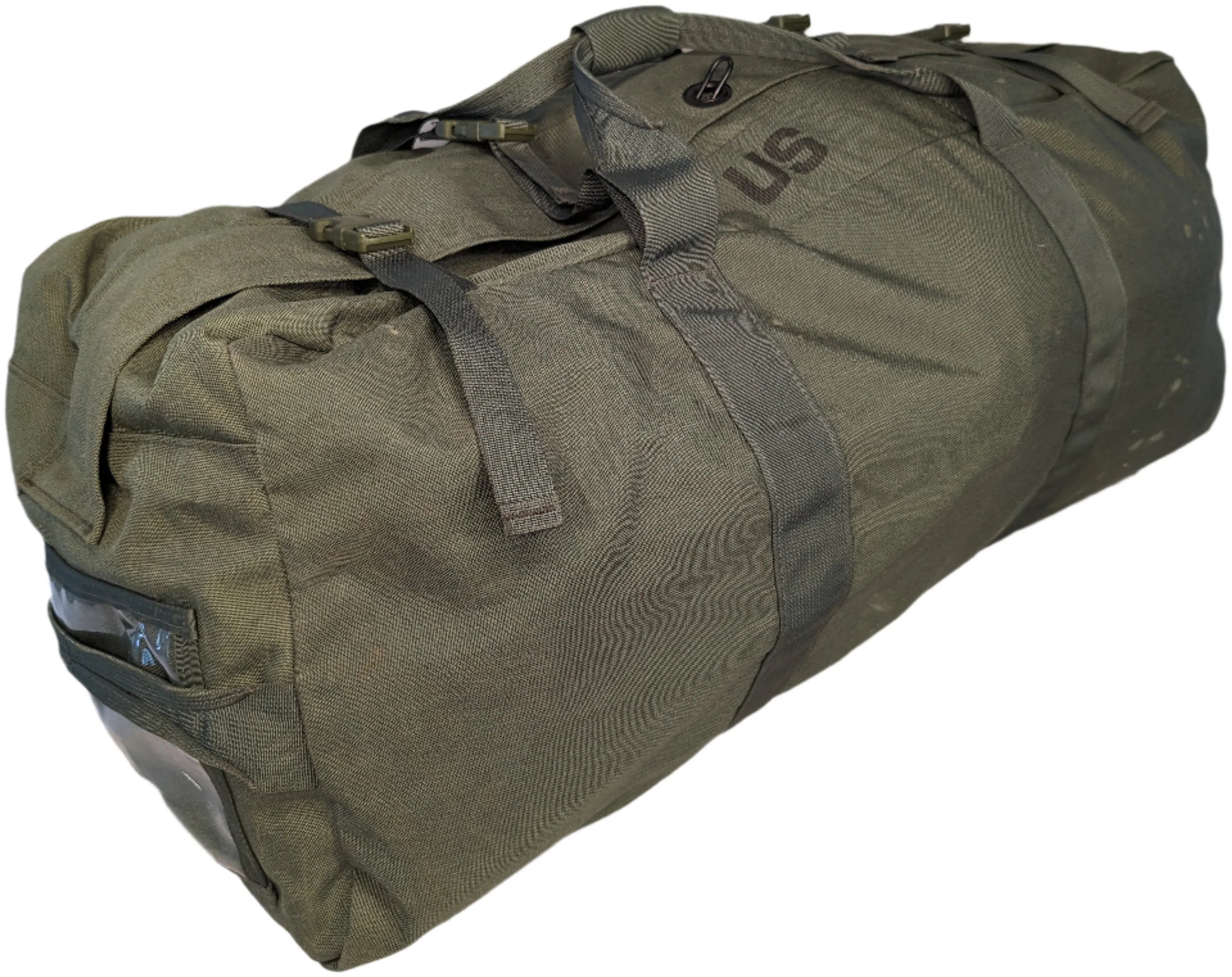 Green improved-pattern military duffel bag with full-length zip, padlock loop and shoulder straps.