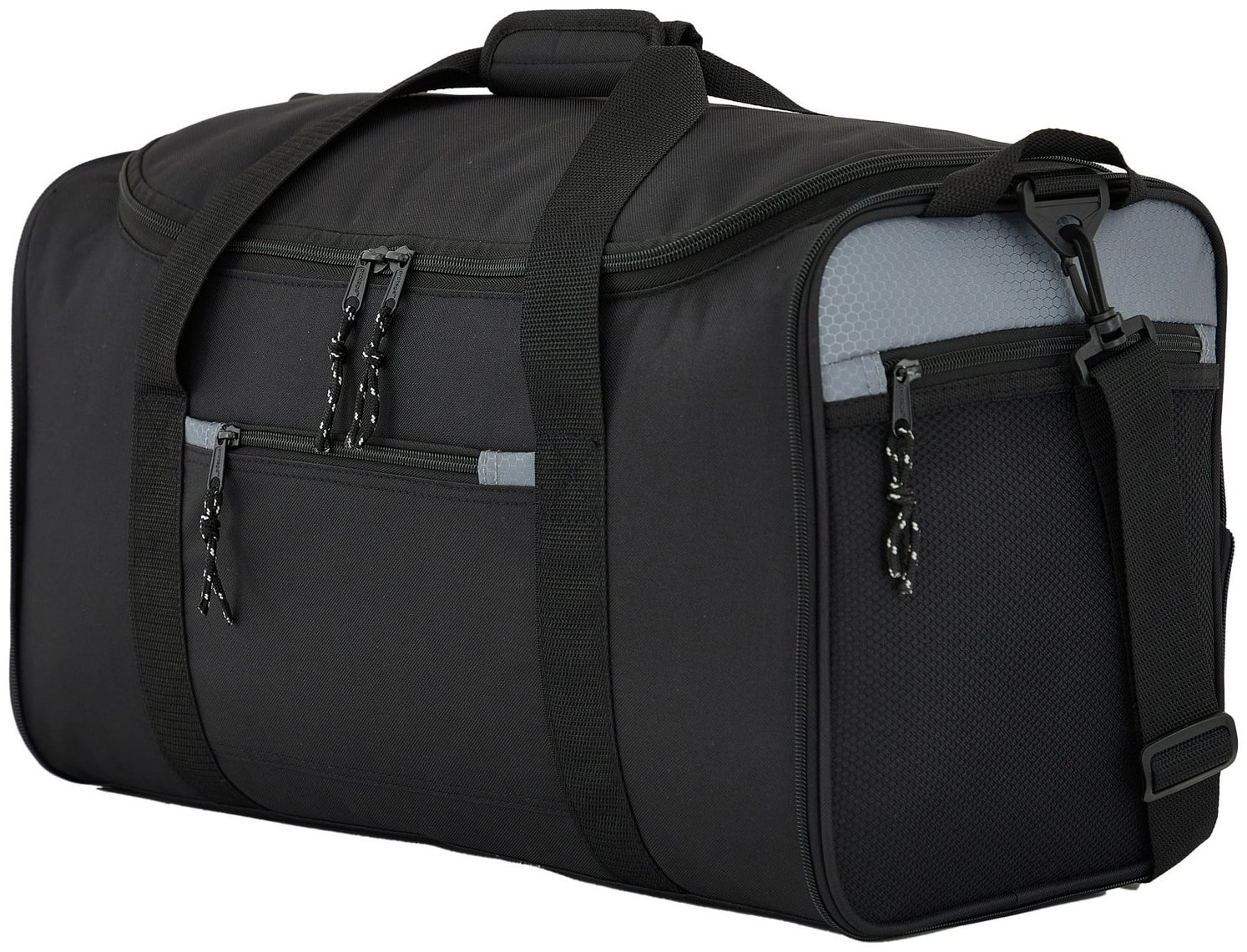 Black collapsible sport duffel bag with U-shaped zip opening, padded carry handle and removable shoulder strap.