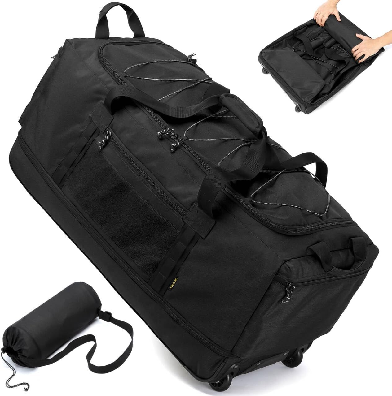 Black collapsible wheeled duffel bag with pull handle and wheels, shown upright and packed.