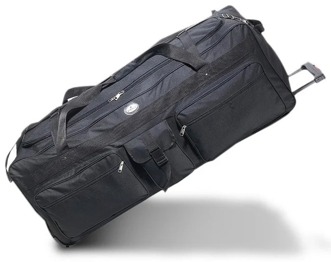Black 42 inch wheeled duffel bag with telescopic pull handle, rubberised wheels and padded side grab handles.