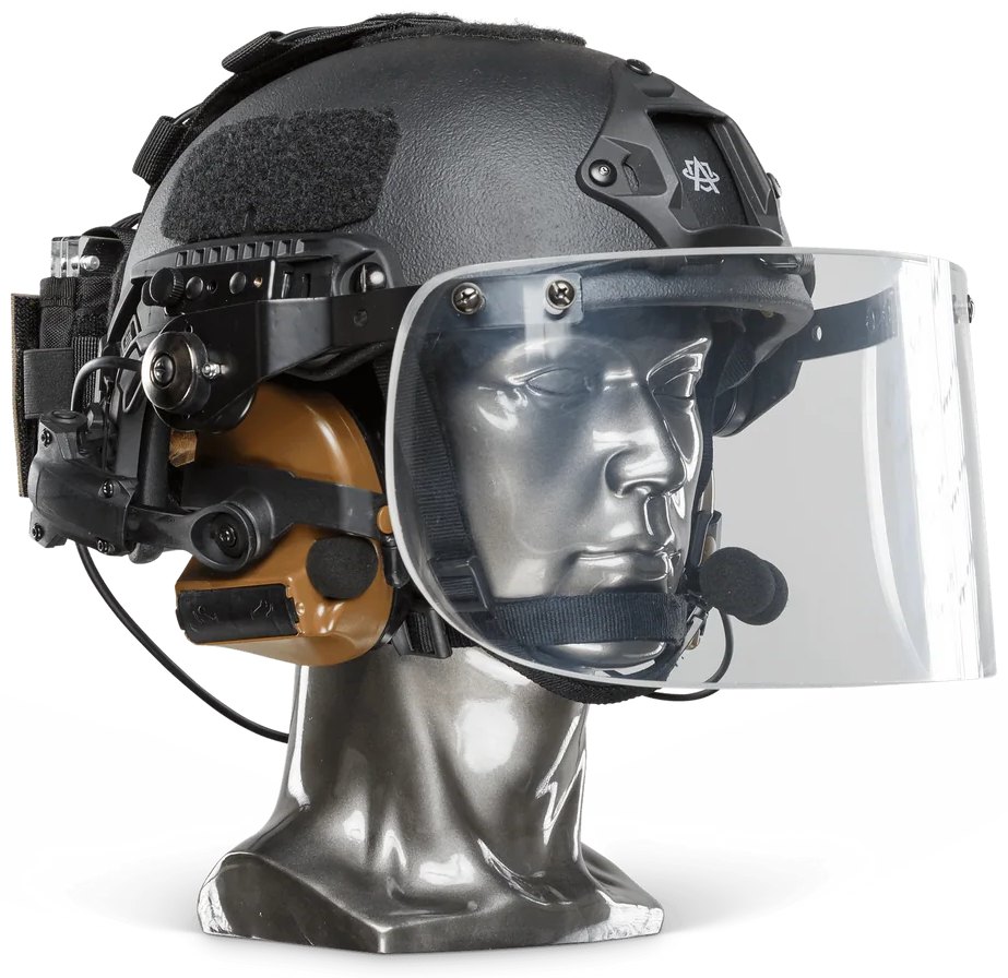 Black ballistic helmet fitted with a clear multi-layer polycarbonate visor mounted on side brackets, with chin strap and interior padding.
