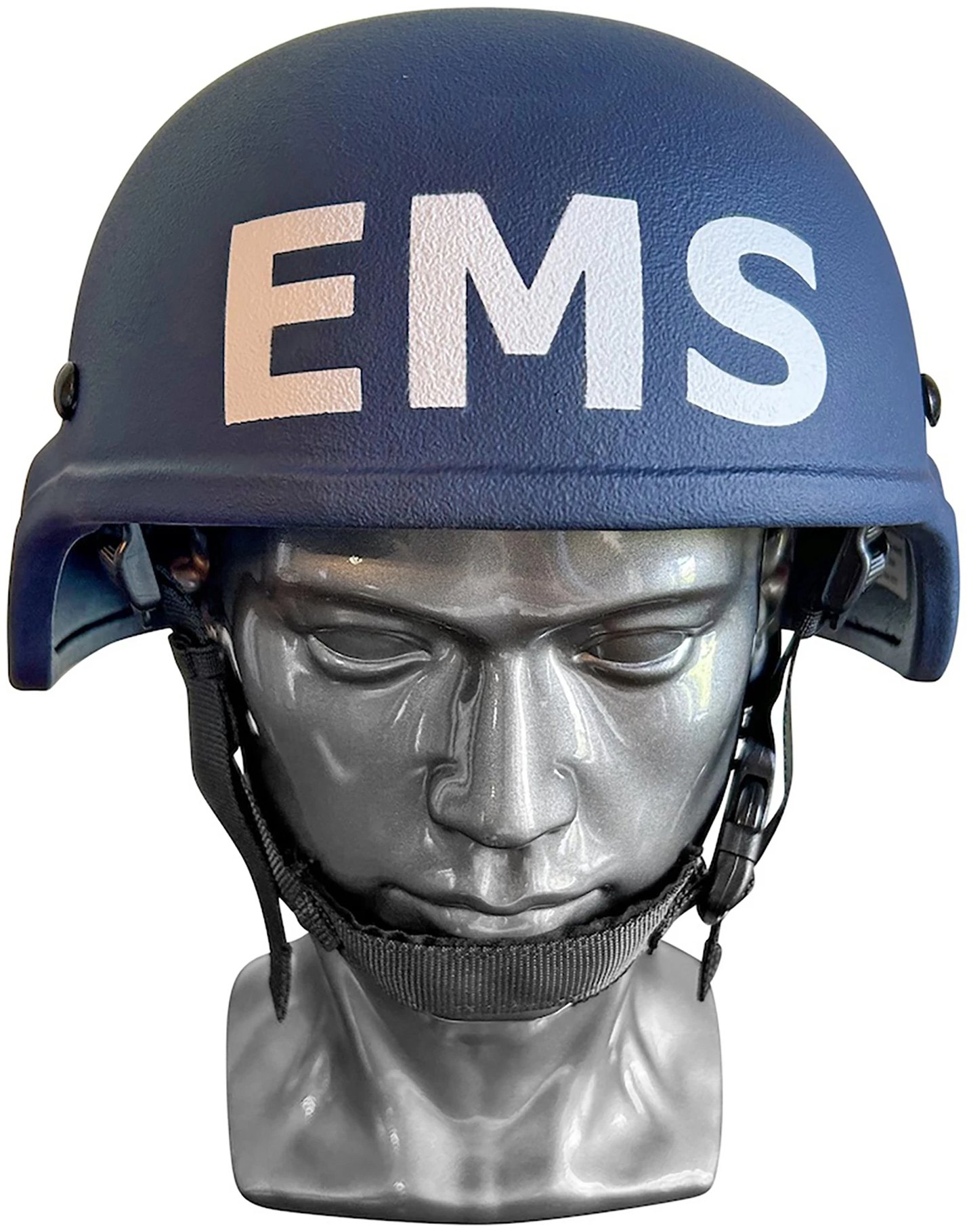 Navy blue high-cut ballistic helmet with side accessory rails, front shroud and adjustable chin strap.